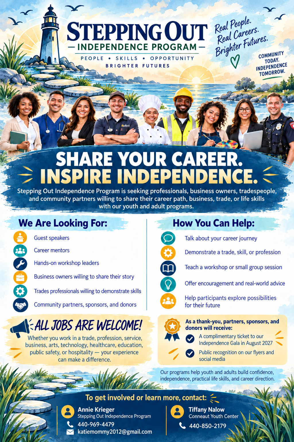 Stepping Out Independence Program flyer inviting professionals, tradespeople, and business owners to share their career knowledge with program participants