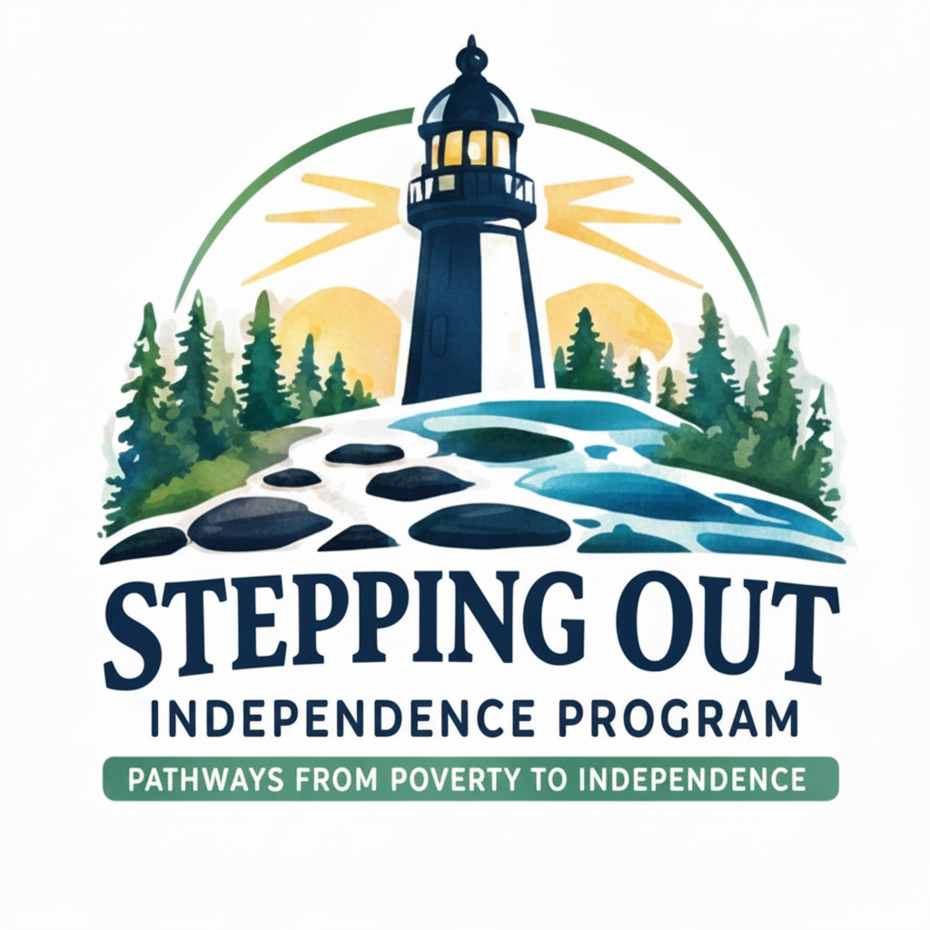 Stepping Out Independence Program logo — lighthouse among pine trees with stepping stones and the tagline Pathways From Poverty to Independence