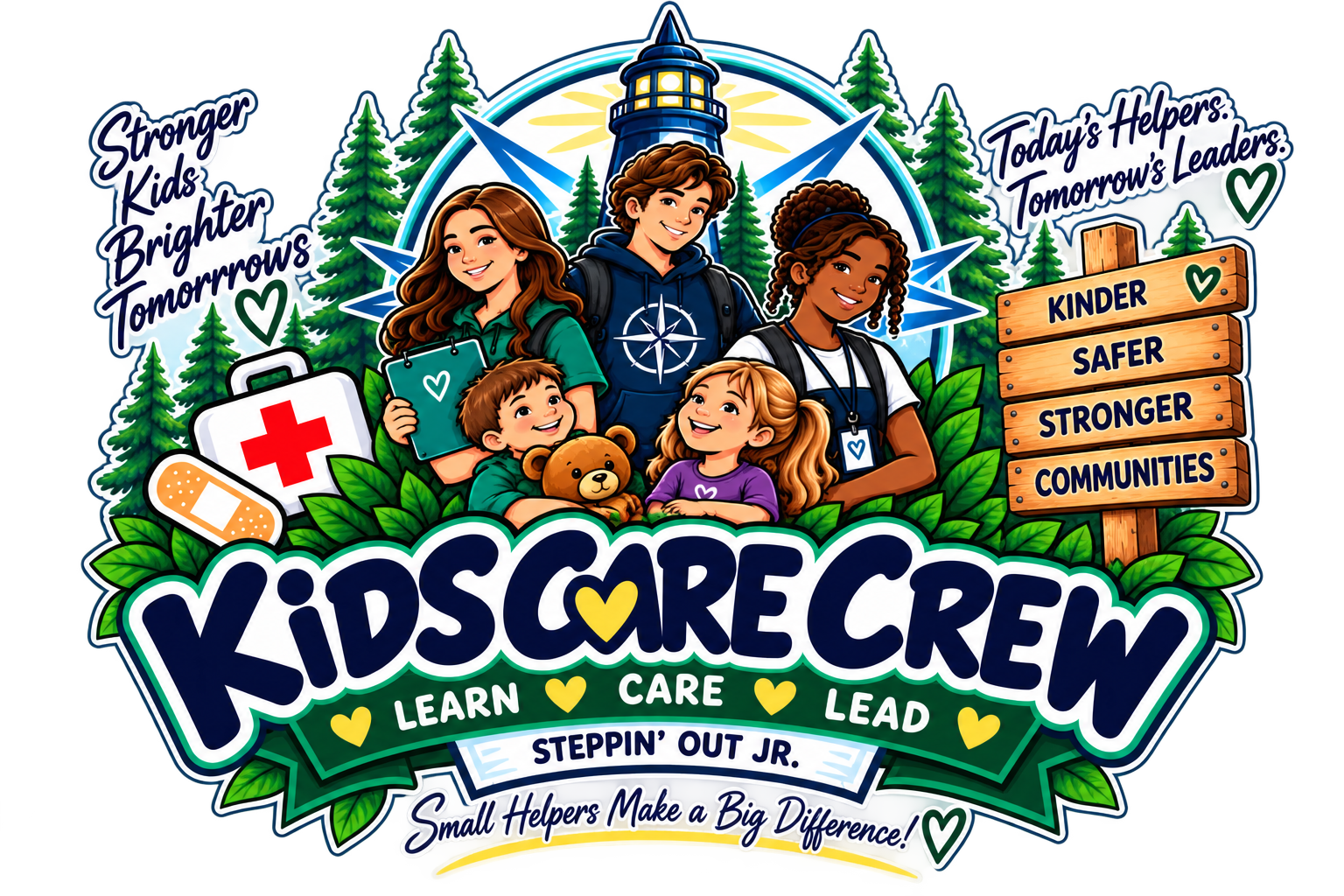 Kids Care Crew program logo — smiling kids in front of a lighthouse with the words Learn, Care, Lead and Small Helpers Make a Big Difference