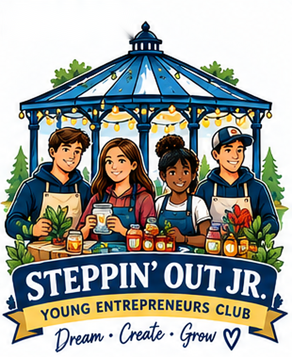 Steppin' Out Jr. Young Entrepreneurs Club logo — four young vendors with plants, jars, and produce under a blue gazebo strung with lights, the club name on a banner, and the tagline Dream, Create, Grow