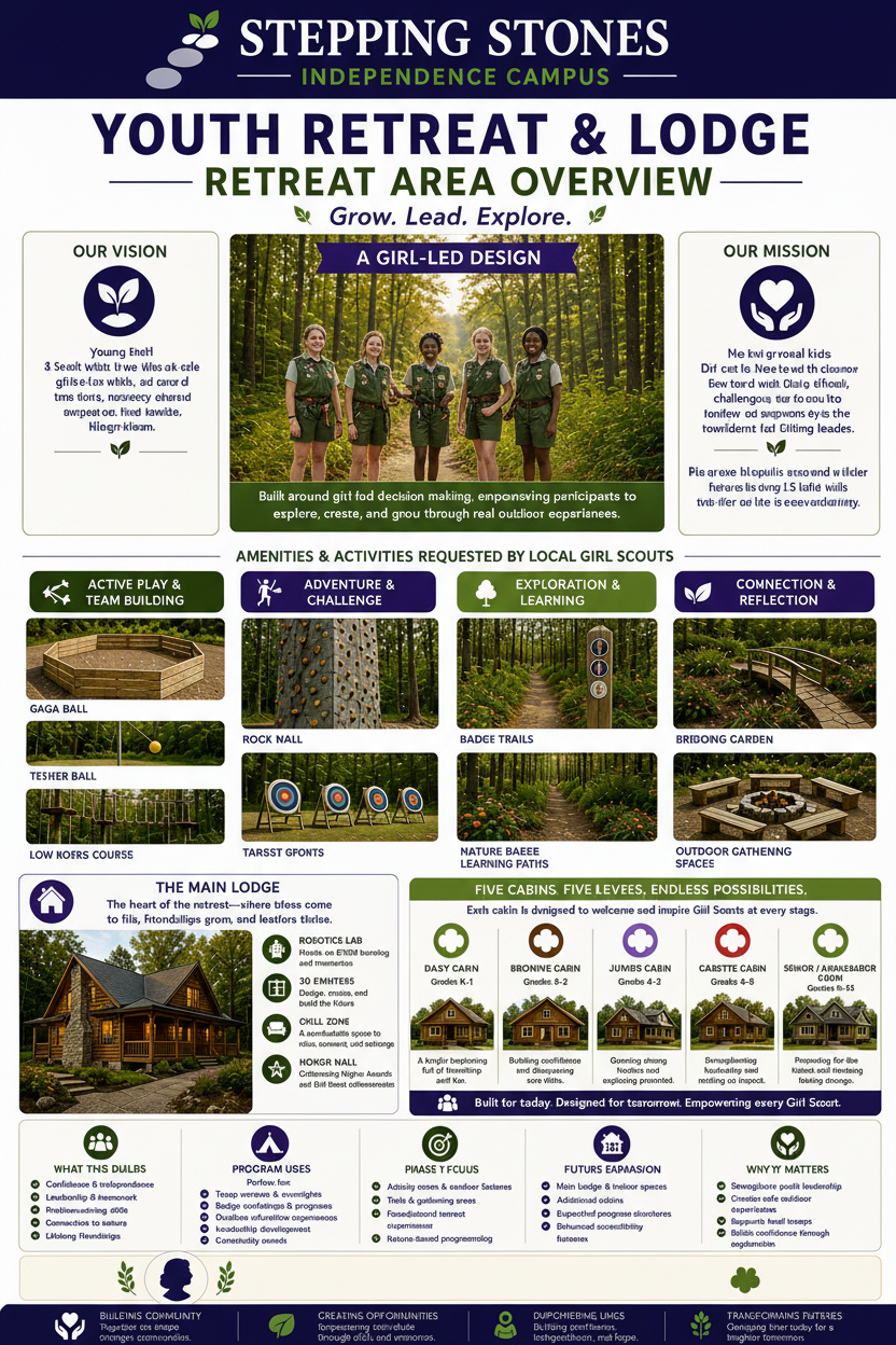 Youth retreat and lodge concept page from the Stepping Out Independence Program prospectus