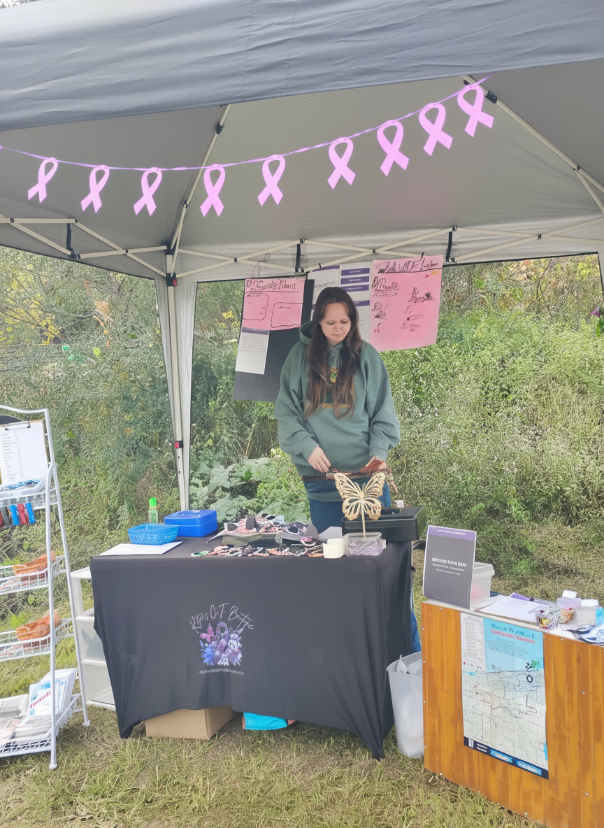Katie's CF Boutique booth under the tent, strung with pink cystic fibrosis awareness ribbons, during Kids Bridge Weekend