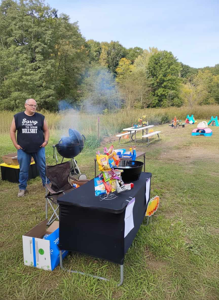 Grills, snacks, and neighbors sharing a meal at the Kids Bridge Weekend community cookout