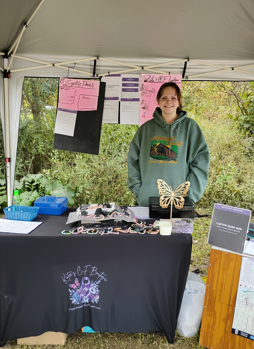 Katie, founder of the Creek Rd Kids Bridge, at her Katie's CF Boutique booth during Kids Bridge Weekend, with her price signs, butterfly decoration, and bridge dedication display behind her