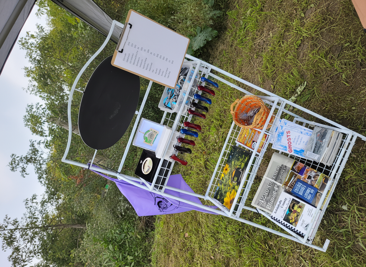 The white wire bridge souvenir sale rack, stocked by the Bridge Committee with Covered Bridge Festival keepsakes — calendars, cookbooks, ornaments, walking sticks, and more; sales support the Ashtabula County Covered Bridge Festival