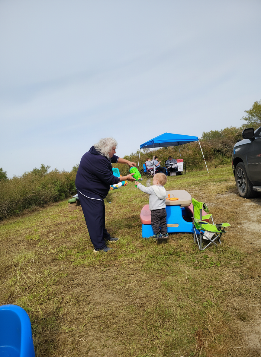A toy finds a new owner at the Kids Bridge Weekend children's giveaway near the blue canopy tent