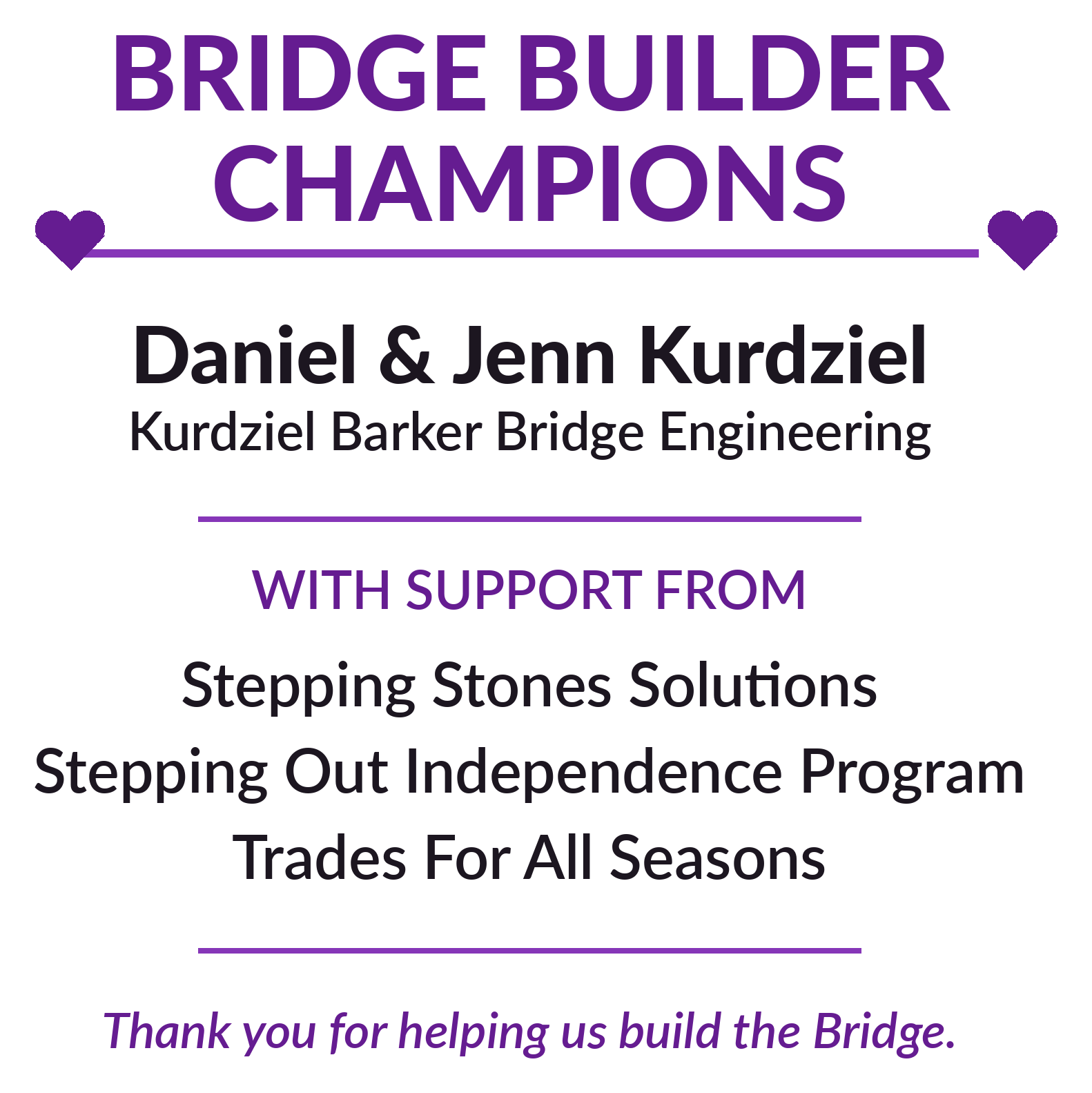 Creek Rd Bridge Builder Champions sponsor shirt thank-you graphic