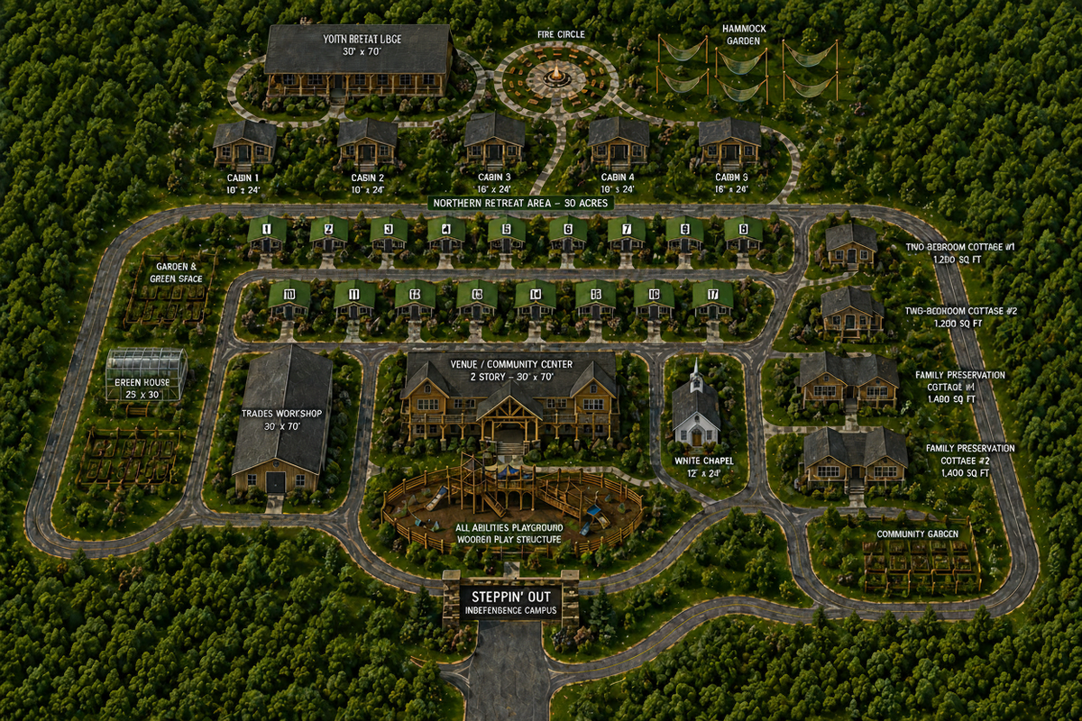 Conceptual aerial map of the planned Stepping Out Independence Campus with its buildings and grounds