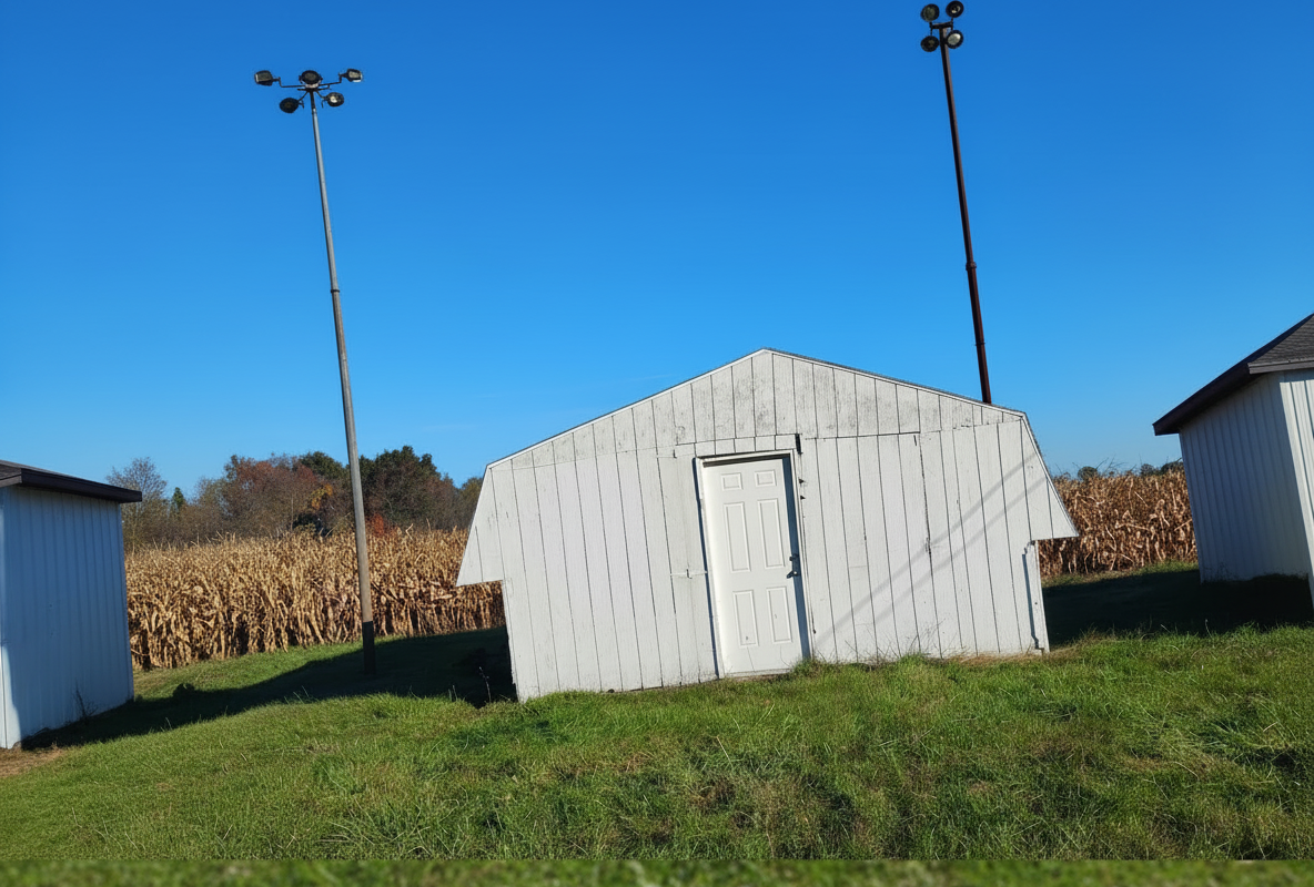 The current Independence Warehouse — a white wooden building on grassy grounds beneath a clear blue sky